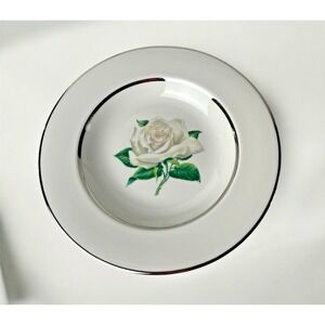 🇺🇸 Vintage Vogue Manchester White Rose Rimmed Soup Bowls Set of 8 Platinum Tri